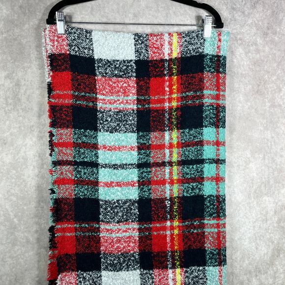 American Eagle Scarf Womens One Size Multicolor Plaid Flannel Fringe Trim Boho - Picture 2 of 8
